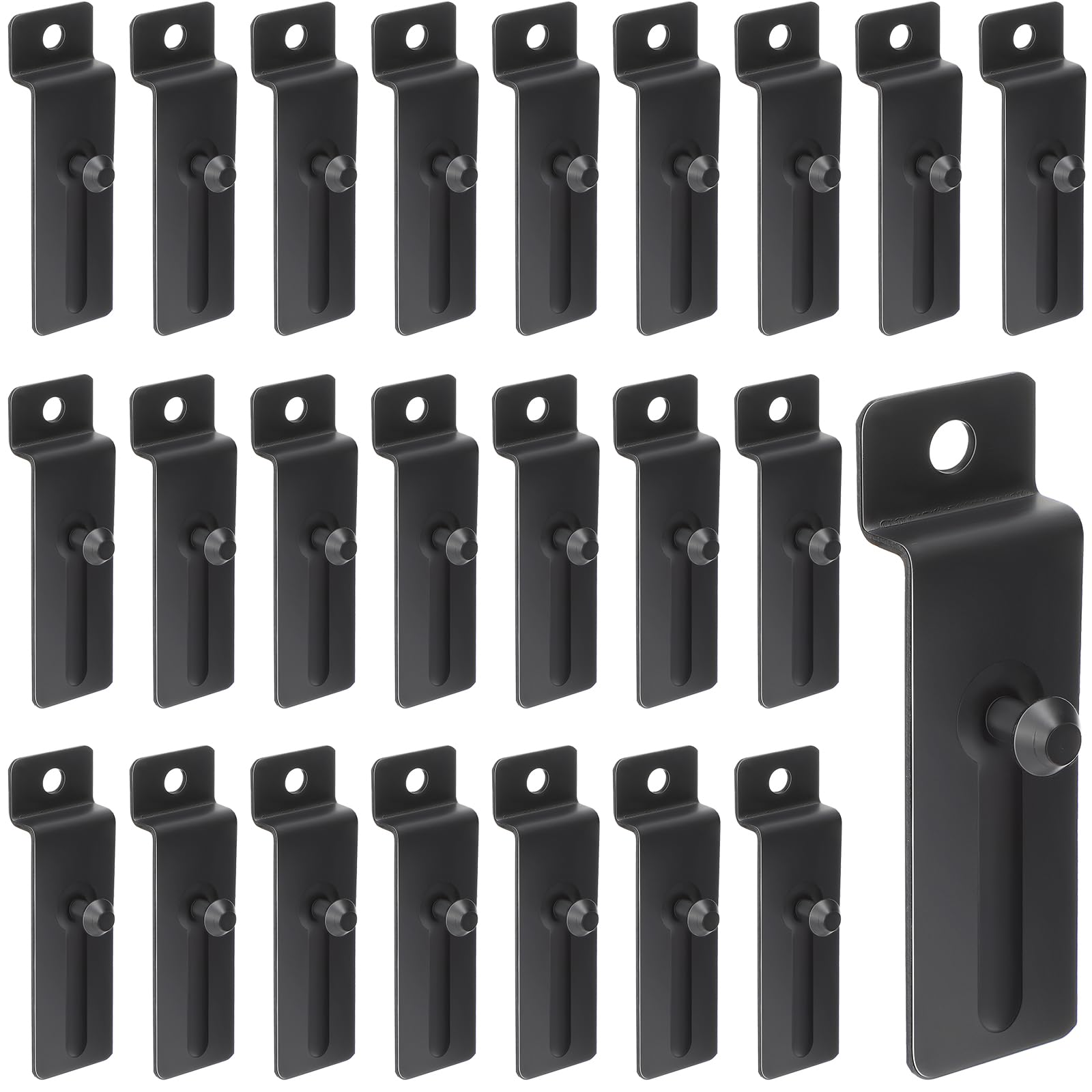 Photo 1 of JaGely 30 Pcs Metal Slatwall Hooks 3 Inch Commercial Slatwall Utility Notch Hooks Picture Hanger for Pegboard Photo Frame Display Painting Art Accessories (Black)