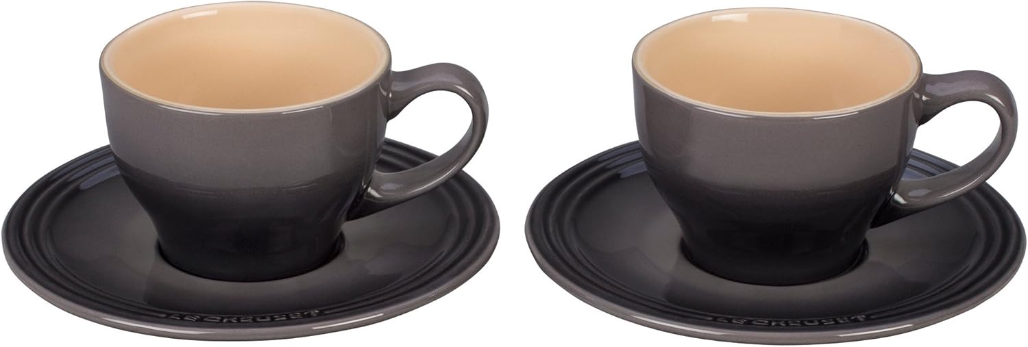 Le Creuset Stoneware Set of 2 Cappuccino Cups and Saucers Oyster