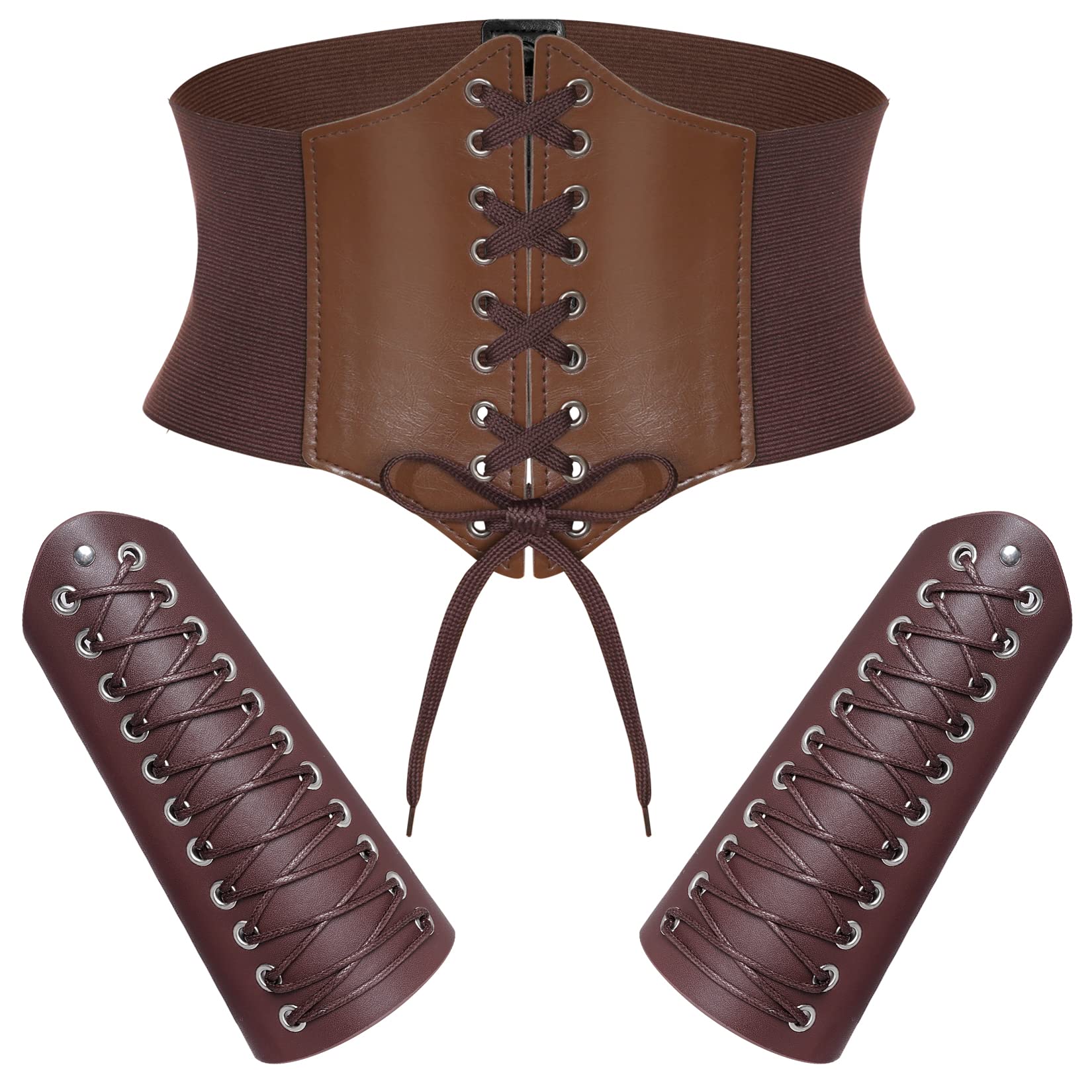Photo 1 of 3 Pcs Corset Belt Elastic and Faux Leather Gauntlet Wristband for Women Halloween Medieval Renaissance Pirate Viking Warrior Cosplay Brown (M, Brown)