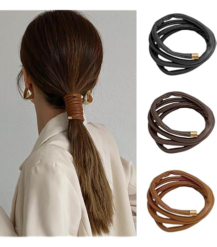 Leather Hair Ties for Women Thick Hair Ponytail Braid Holders Unique Durable Ponytail Holders Genuine Leather Hair Wraps Ties Beads Hair  main image 2