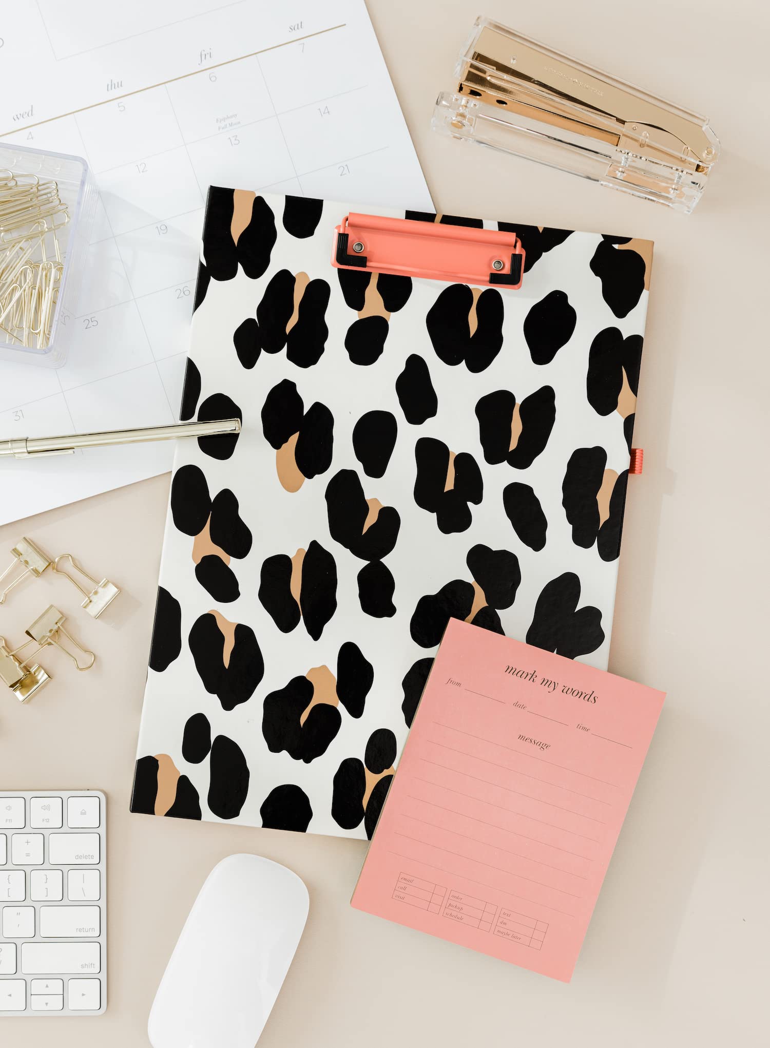 Kate Spade New York Leopard Print A4 Clipboard Folio with Low Profile Clip, Professional Padfolio Includes Lined Notepad, Pen Loop, and Pocket, Forest Feline