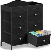 BOLUO Black Changing Table Dresser with 6 Fabric Drawers, Baby Dresser with Changing Table Top Diaper Changing Station with Storage for Nursery Modern