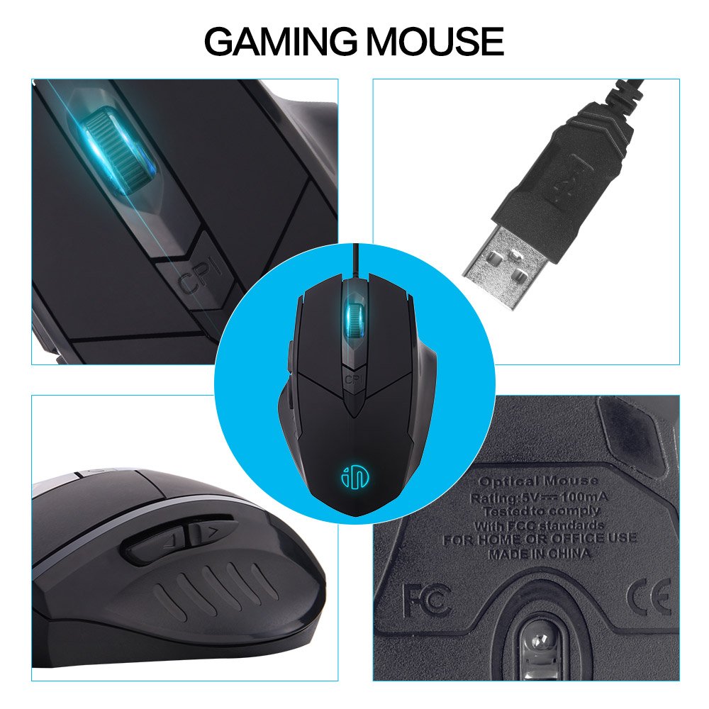inphic Wired Computer Mouse Black Large USB Desktop Game Mice for Mac,DELL,HP PC/Laptop with Windows/XP Vista/, 6 Buttons 4 Adjustable DPI Levels, Breathing LED Light