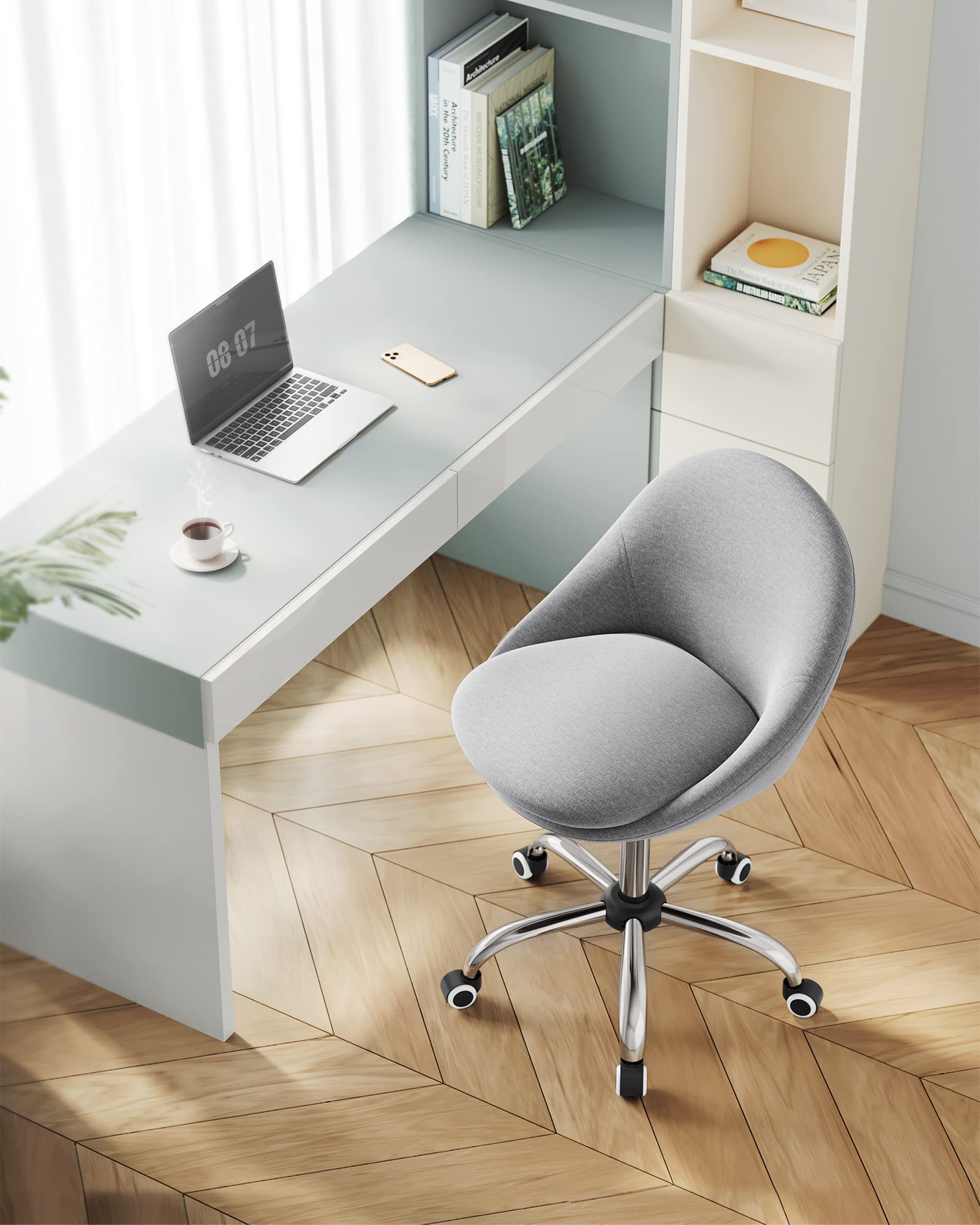 VASAGLE Office Chair, Vanity Chair, Desk Chair, Cotton-Linen Fabric, Foam Padding, Adjustable Height, for Home Office, Study, Bedroom, Dove Gray UOBG020G91
