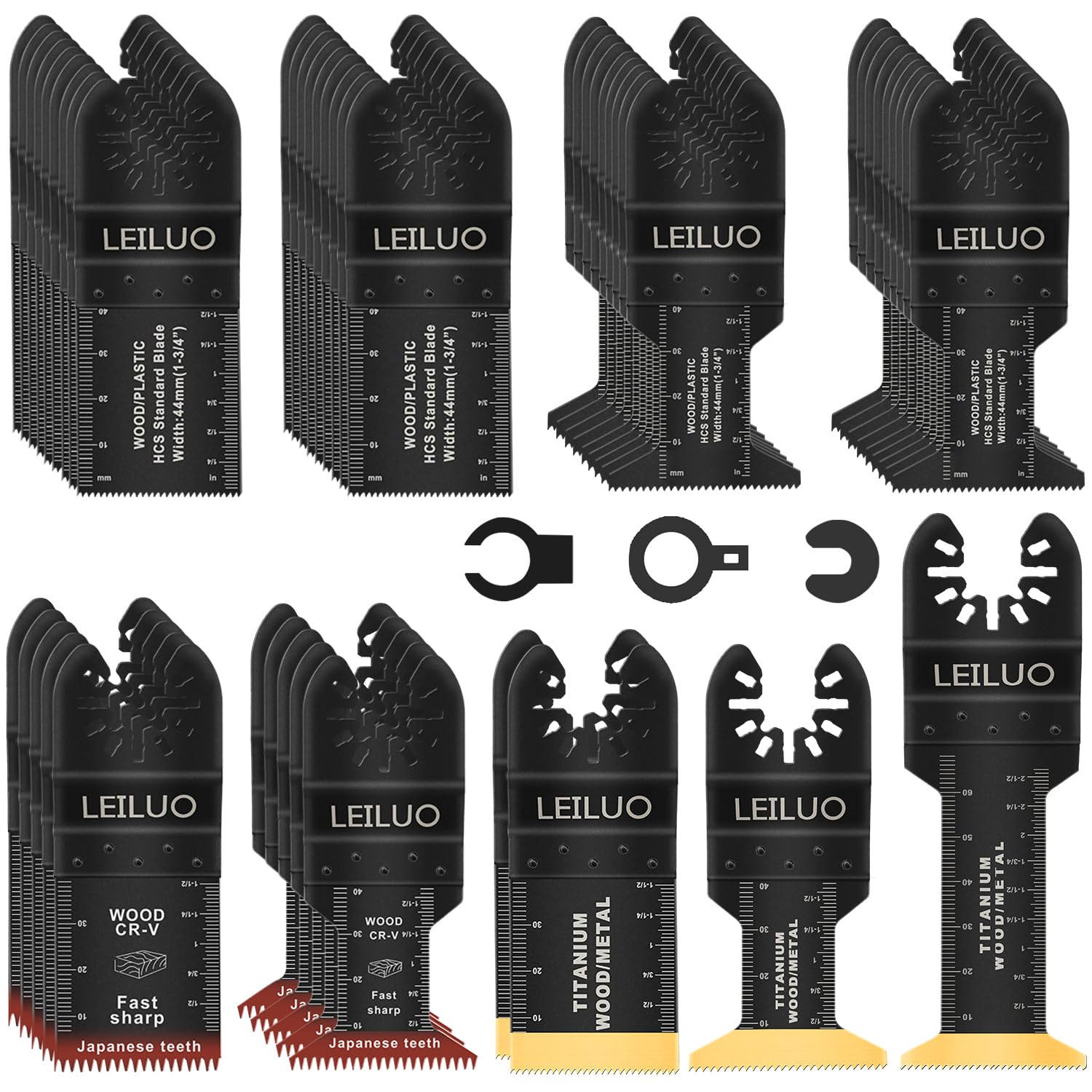 LEILUO 50 Pcs Titanium Multitool Blades Kits for Wood Nails Drywall Cutting Universal Oscillating Tool Accessories with Storage Bag Compatible with DeWalt Makita Dremel and More