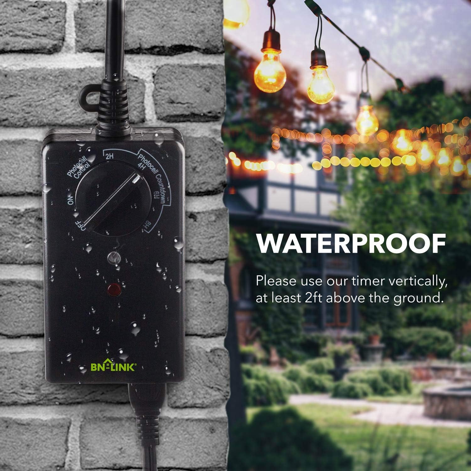 BN-LINK Outdoor 24-Hour Timer With Photocell Light Sensor, Water Resistant Photoelectric Countdown Timer(2, 4, 6 or 8 Hours Mode), Weatherproof, Two (2) Grounded Outlets for Home and Garden, Black - - 