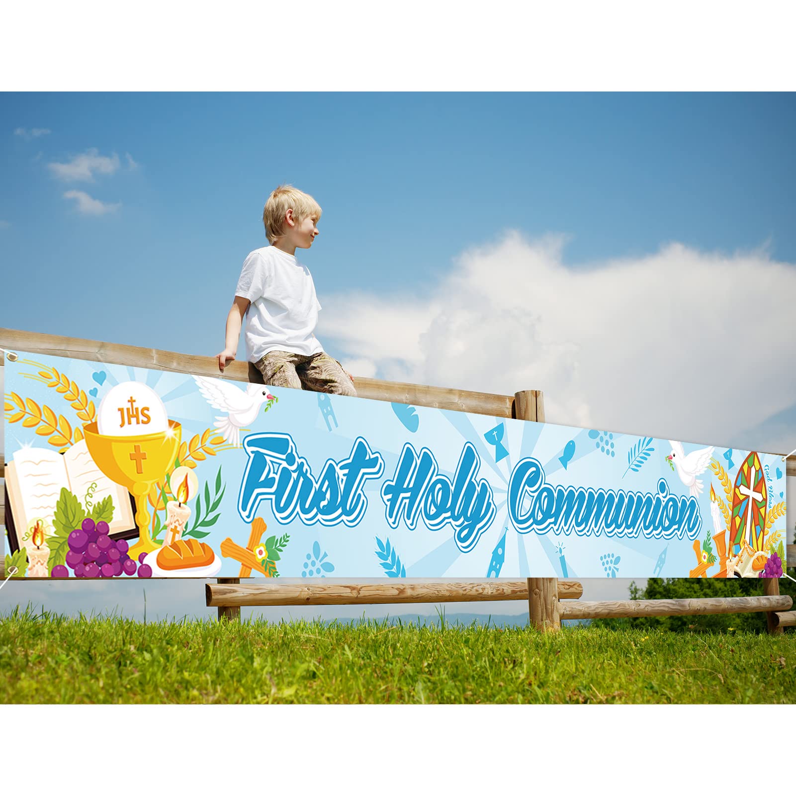 DPKOW Blue First Holy Communion Banner, Long Fabric God Bless Holy Grail Backdrop Banner for Boys First Communion Decorations, holy communion Hanging banner for Wall Table Indoor Outdoor Decorations
