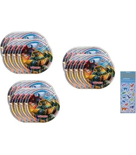 Transformers Birthday Party Pack - 24 Dessert Plates, 2 Table Covers & Dinosaur Stickers