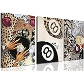Fashion Cheetah Wall Art Set of 3 Leopard Wall Decor Pictures Lucky 8 Ball Poster Canvas Painting Prints Dark Red Cheetah Artwork for Bedroom Living Room Framed 12x16 inch