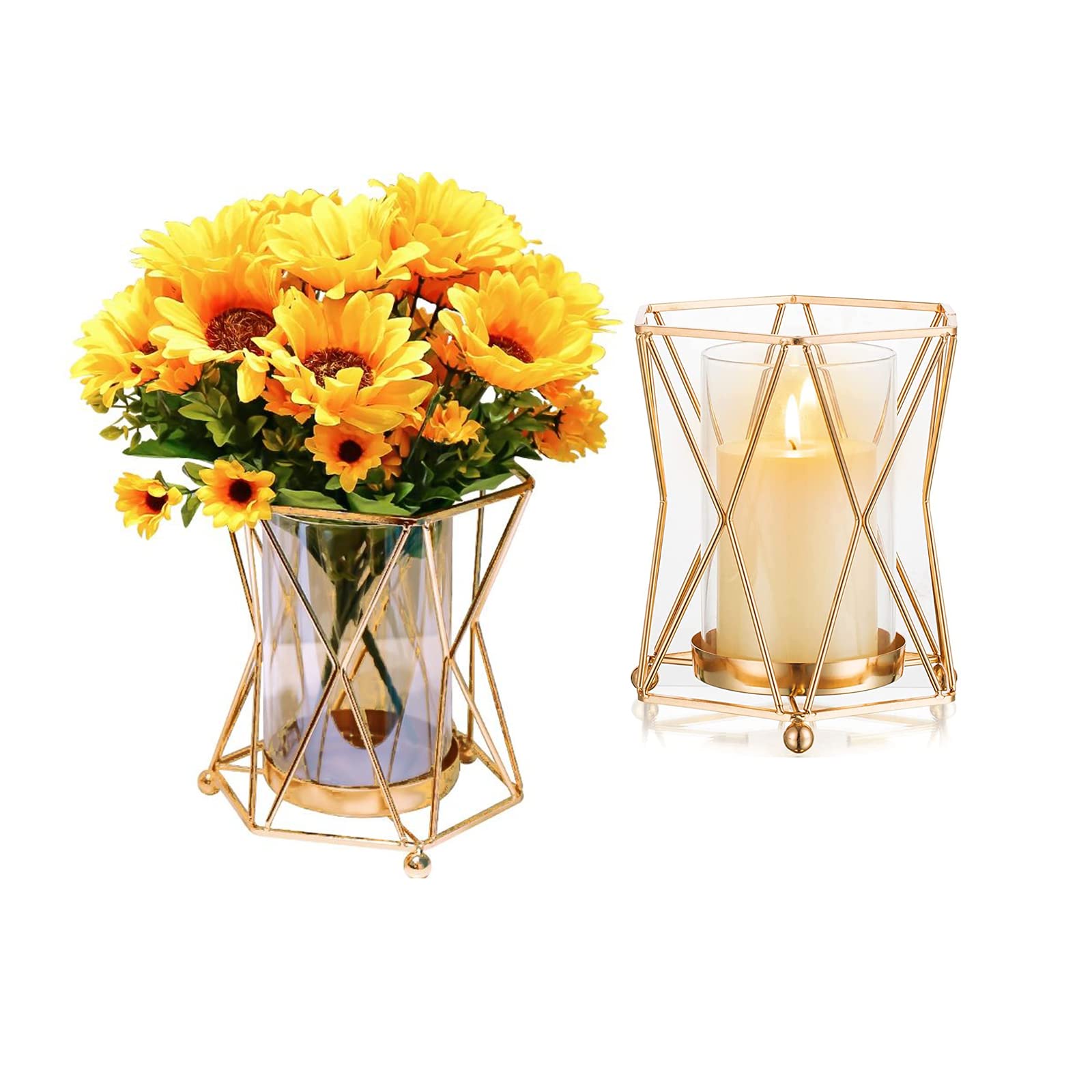 Geometric Glass Vase Gold EylKoi: 2pcs Vases Home Decor Terrarium Crystal Vases for Flowers, Modern Pillar Glass Hurricane Candle Holders Decor Wedding Centerpieces for Home Bathroom Dining Table