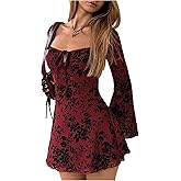 Floerns Women's Floral Tie Front Mini Dress Long Sleeve Y2k Bodycon Going Out Dresses