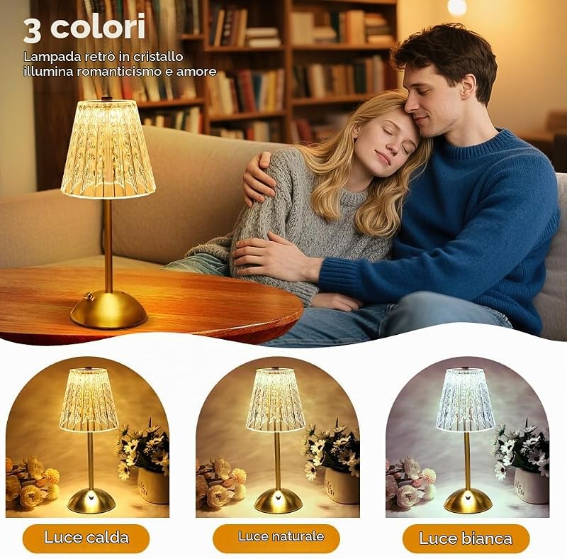 Lampada da Tavolo Ricaricabile e Senza Fili, 2000mAh Dimmerabile Abat Jour da Comodino Cristallo, Lampada da Comodino Touch Dimmerabile, 3 Colori USB-C, per Camera, Salotto, Ufficio, Bar, oro