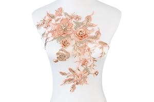 Silvora Colorful Flower Fabric Beaded Lace Applique,3D Embroidered Flower Fabric Patch for Bridal Dress, Handmade Sewing Tool for Wedding DIY Crafts(Orange)