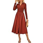 Kate Kasin Women's Fall Long Sleeve Midi Dress 2025 Casual Polo V Neck Ribbed Knit A Line Flowy Work Dresses with Pockets
