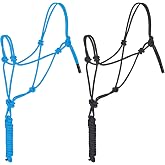 Dunzy 2 Pcs Horse Rope Halters 4 Knot Training Halter Gift Black Turquoise | 0.31 Inch Braided Cord, Adjustable Sturdy Lead Rope, Match Training Control, Equestrian Horsemanship Outdoor Sports Equipment
