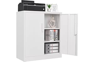 Anxxsu Metal Storage Cabinet, Lockable Steel Storage Cabinet with 2 Doors and Shelves, Metal Cabinet with Lock, Small Locking Cabinet for Home Office (White)