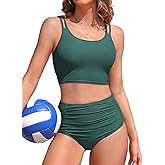 Charmo Women's High Waisted Bikini Sets Sporty Two Piece Swimsuit Ribbed Tummy Control Bathing Suit with Pockets