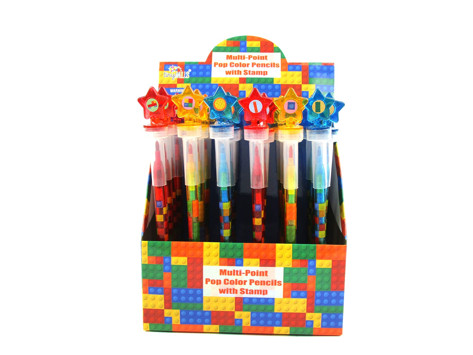 TINYMILLS 24 Pcs Color Blocks Brick 2 in 1 Stackable Stacking Crayon with Extra Stamper Topper, Kids Party Favors, Goodie Bag Stuffers, Classroom Rewards, Prizes