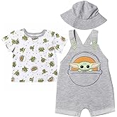 STAR WARS Chewbacca R2-D2 Yoda Baby French Terry Short Overalls T-Shirt and Hat 3 Piece Outfit Set Newborn to Infant