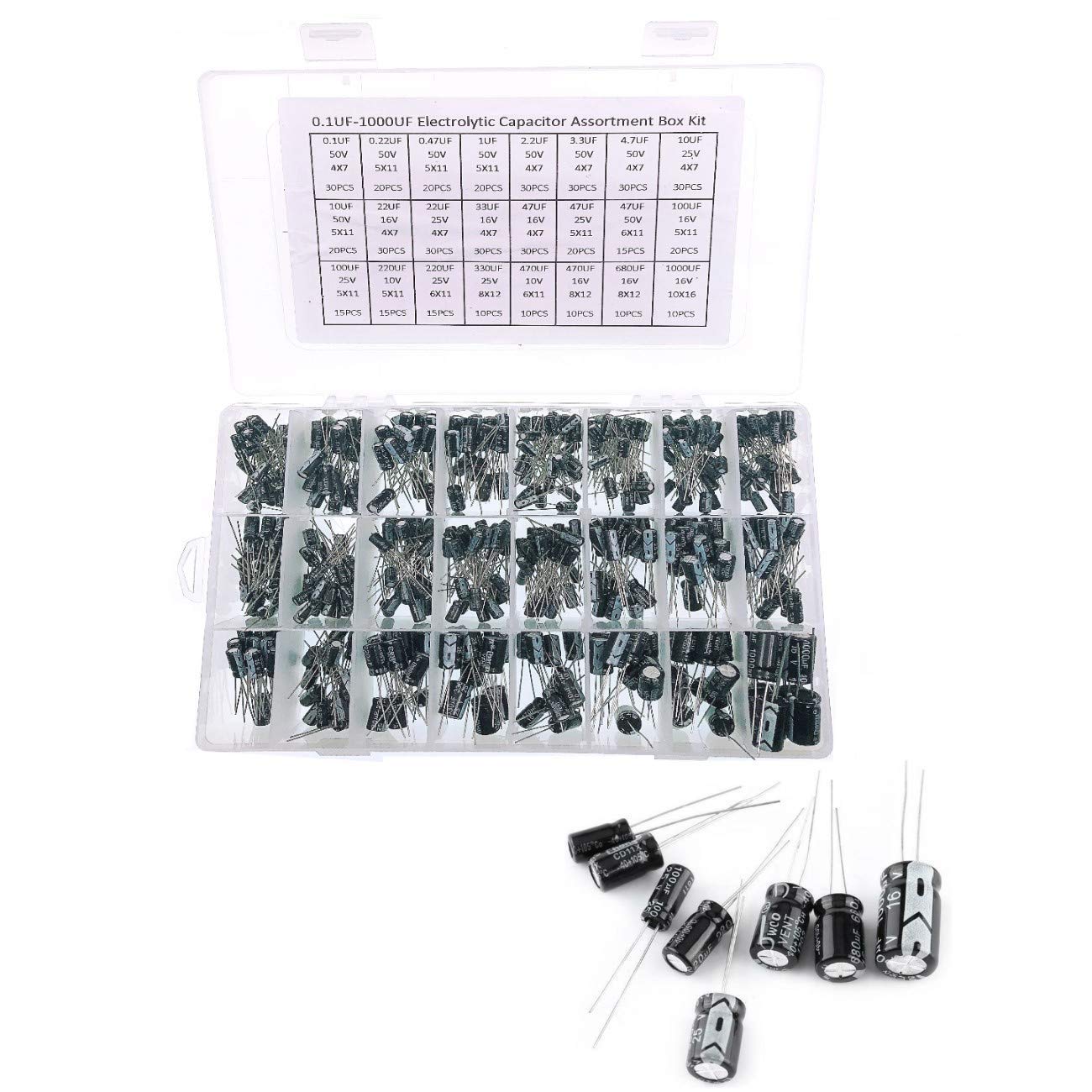 JZK 500 x Electrolytic capacitors assortment kit with storage box, 0.1uF - 1000uF 24 value aluminum radial leads capacitors