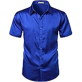 ZEROYAA Men's Hipster Shiny Silk Satin Shirt Regular Fit Short Sleeve Casual Button Down Dress Shirts for Summer Party