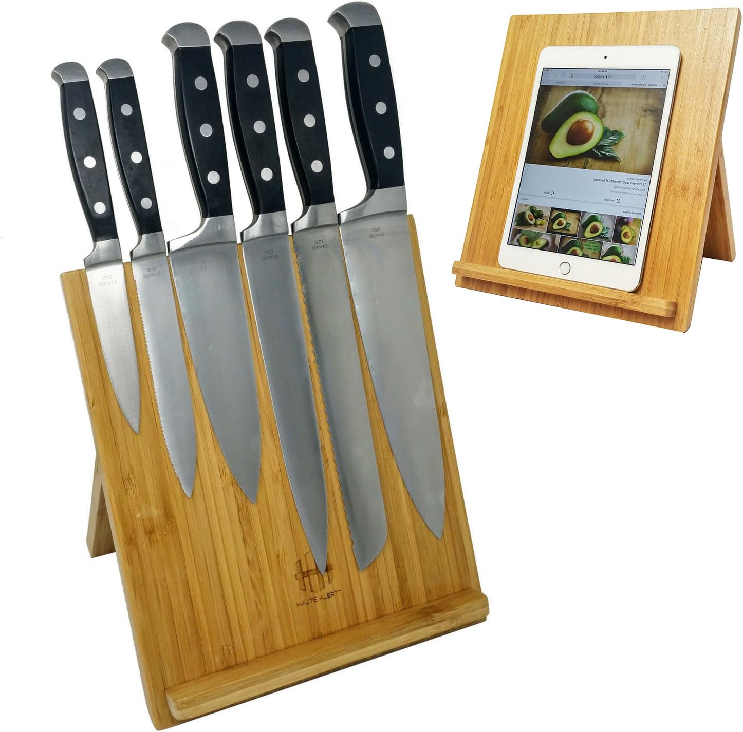 Natural Bamboo Magnetic Knife Dock, Wood Cutlery Counter Top Block, Kitchen Scissor Holder, Durable iPad Tablet Recipe Cook Book Stand
