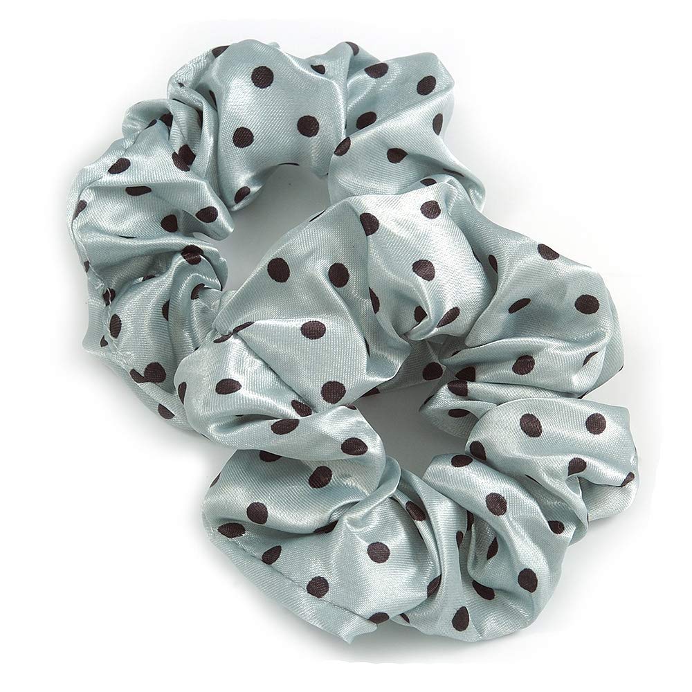 Pack Of 2 Pastel Green/Black Polka Dot Silk Hair Scrunchies - Medium Thickness Hair