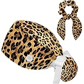 Scrub Caps Women Nursing Hats Leopard Pattern with Buttons Ponytail Working Adjustable Pouch Tie Back