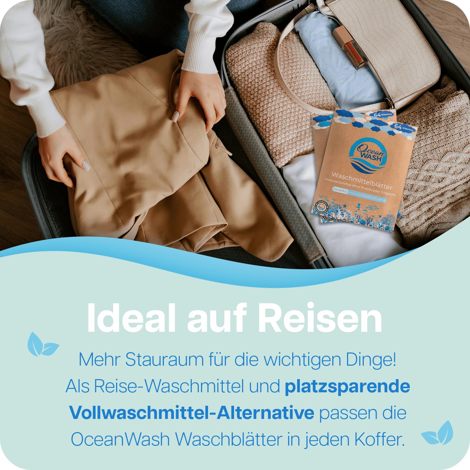 OceanWash Waschmittelblätter Sensitiv, Waschblätter Waschmaschine für alle Textilien und Farben, Waschtücher biologisch abbaubar, Laundry Detergent Sheets Vollwaschmittel, 64 Wäschen 5