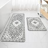 Uphome Boho Vintage 2 Piece Bathroom Rug Set Gray Non-Slip Soft Bathroom Rug Sets Machine Washable Oriental Aesthetic Bath Runner Traditional Tribal Floral Floor Mats for Shower Vanity Door Mat