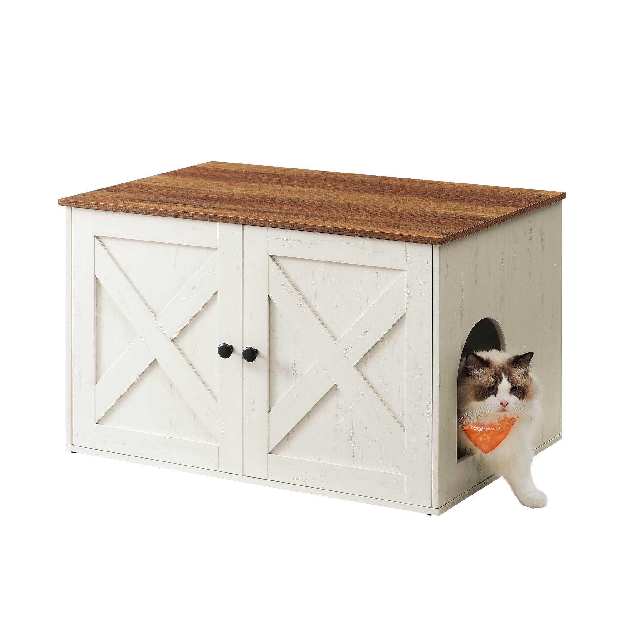 Photo 1 of Feandrea Cat Litter Box Enclosure, Litter Box Furniture Hidden with Removable Divider, Indoor Cat House, End Table, 31.5 x 20.9 x 19.7 Inches, Honey Brown and Rustic White UPCL002P01