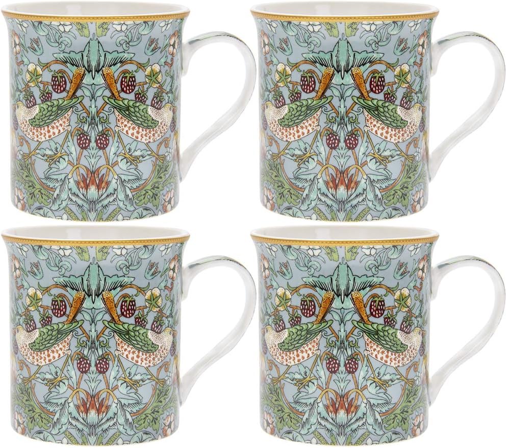 Set of 4 William Morris Strawberry Thief Teal Mugs in Gift Box
