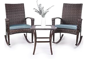 Niubya 3 Piece Wicker Rocking Chair Patio Furniture Sets, Outdoor Wicker Bistro Rattan Chair Conversation Sets with Cushions and Coffee Table, Grey and Brown
