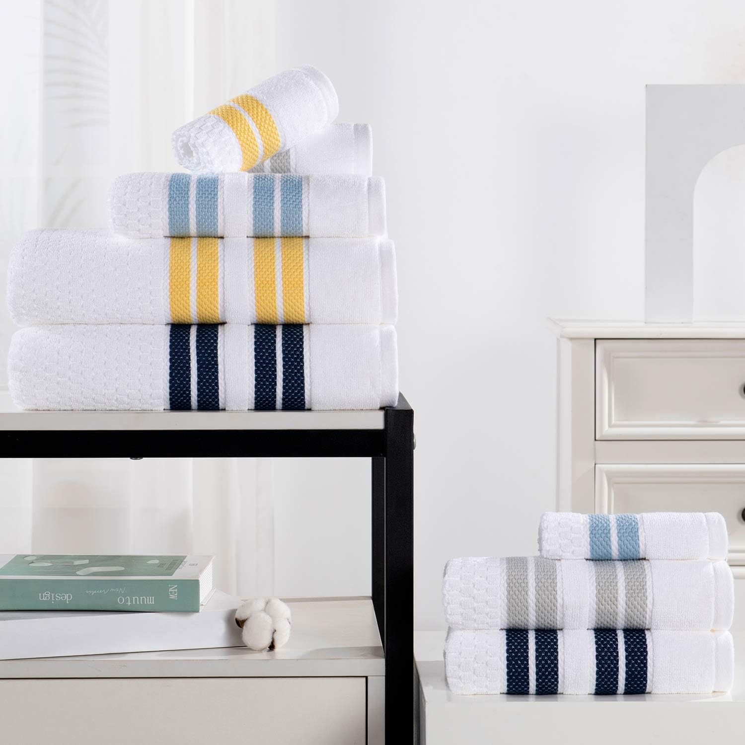 Truly Lou 100% Cotton Quick Dry Textured Bath Towel Set, 6 Piece Set - 2 Bath Towels, 2 Hand Towels and 2 Washcloths, Absorbent, Quick Dry, Soft, Striped Bathroom Towels Mayfield (Light Grey / White): Kitchen & Dining