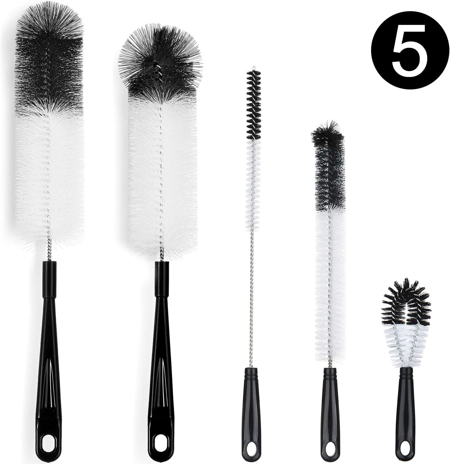 ALINK 5-Pack Bottle Cleaning Brush Set - Long Handle Black Bottle Cleaner for Washing Narrow Wine/Beer Bottles, Thermos, HydroFlask Tumbler, S&rsquo;Well, Sports Water Bottles, Kettle/Lid Brush, Straw Brush