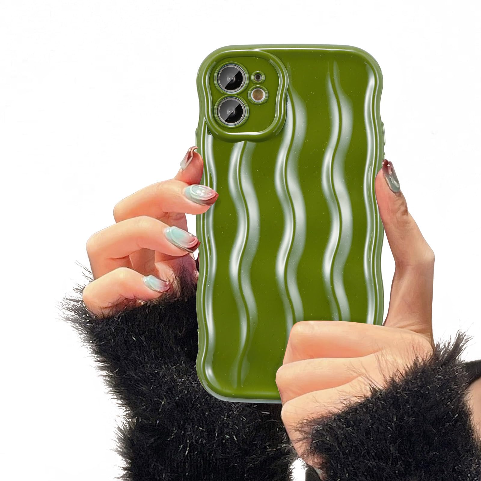 UEEBAI Water Ripple Pattern Curly Phone Case for iPhone 11 6.1 inch, Stylish Pretty Cute Wave Frame Soft Case 3D Protective Cover Shockproof Case for Women Girls Slim Case - Green