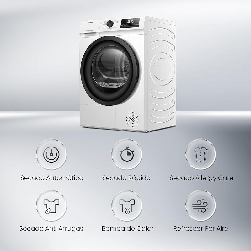 Hisense DHQE800BW2 - Secador de Roupa, 8Kg, Classe A++, 60cm Largura, 16 Programas, Secagem Automática, Secagem Rápida, Secagem Antirrugas, Bomba de Calor, Secagem Ion Refresh, Branco