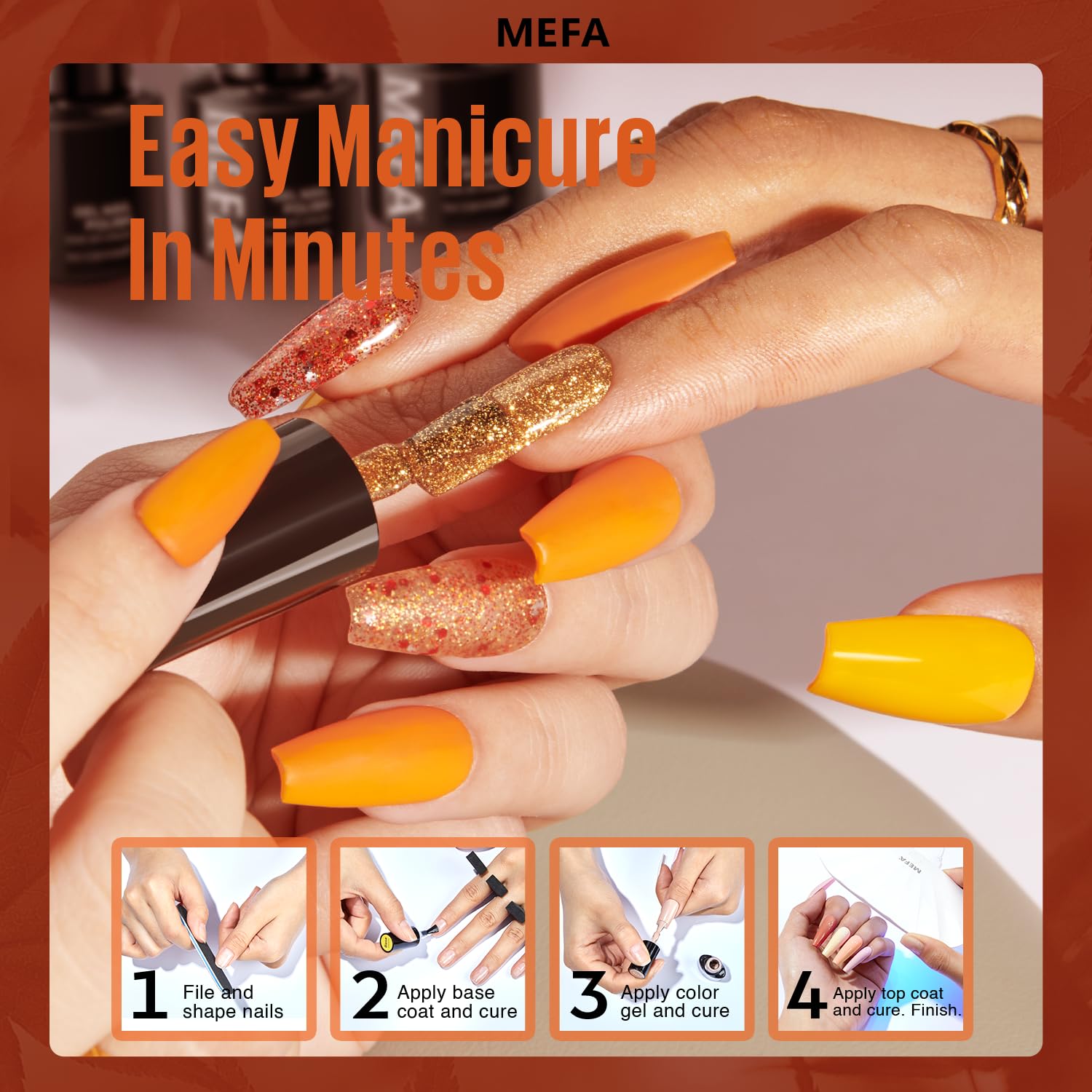 MEFA Gel Nail Polish Set, 12 Color Red Brown Gold Glitter Nail Polish Kit Soak Off Pumpkin Bronze Nail Art Decorations DIY Home Salon Design Manicure Gifts for Women Girls - Image 5