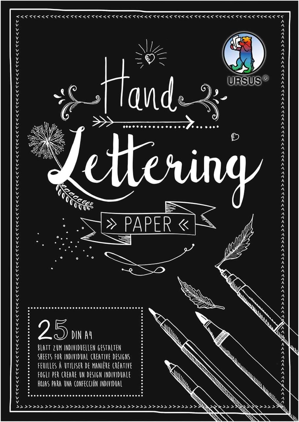 Ursus 24924690, Hand-Lettering Paper, Black, DIN A4, 210 g/m², 25 Sheets of Coloured Cardboard