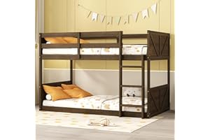 LUKEEHOM Bunk Bed Twin Over Twin, Wood Low Profile Floor Twin Bunk Beds with Headboard Ladder Guardrails for Kids Boys and Girls, No Box Spring Needed