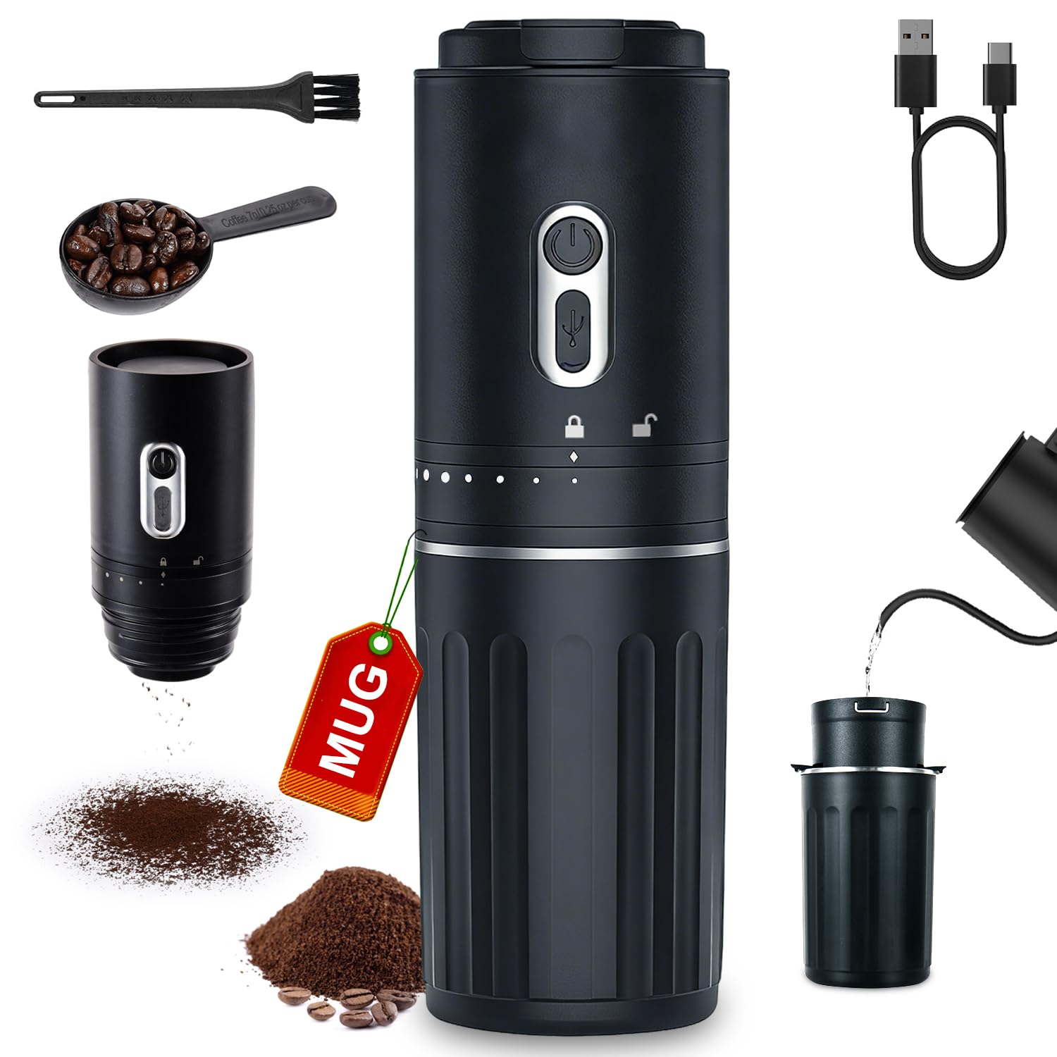 Photo 1 of All-in-one Pour Over Coffee Maker Portable Electric Burr Coffee Grinder, Rechargeable Coffee Bean Grinder Conical Burr, Battery Powered Cordless Portable Coffee Maker for Travel, Camping, Car