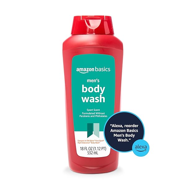 AMAZON BASICS MEN’S BODY WASH, SPORT SCENT, PARABEN AND PHTHALATE FREE, REFRESHING SHOWER GEL, 18 FLUID OUNCE