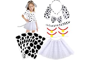 Chuarry 10 Pcs Dalmatian Costume Set 100 Days of School Girls Tulle Tutus Skirts Headband Bow Tie Tail Adhesive Felt Circles Pads Spotty Dog Bells Children Halloween Cosplay Costume Party Decoration