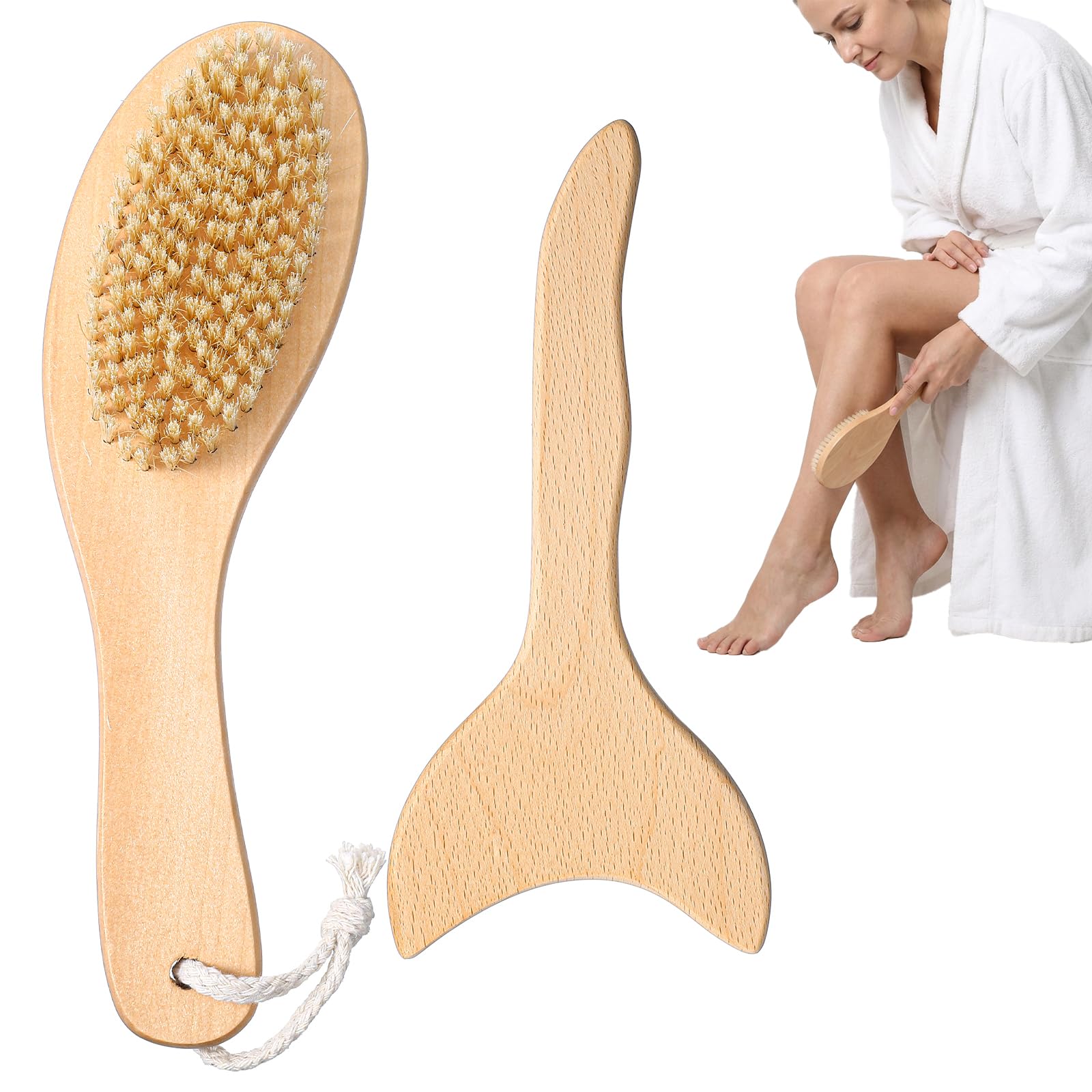 Photo 1 of 2Pcs Dry Brushing Body Brush Bristle Exfoliating Scrubber with Contoured Non-Slip Handle +Wood Therapy Massage Tools for Cellulite and Lymphatic Drainage, Body Scrubber Suitable for All Kinds of Skin