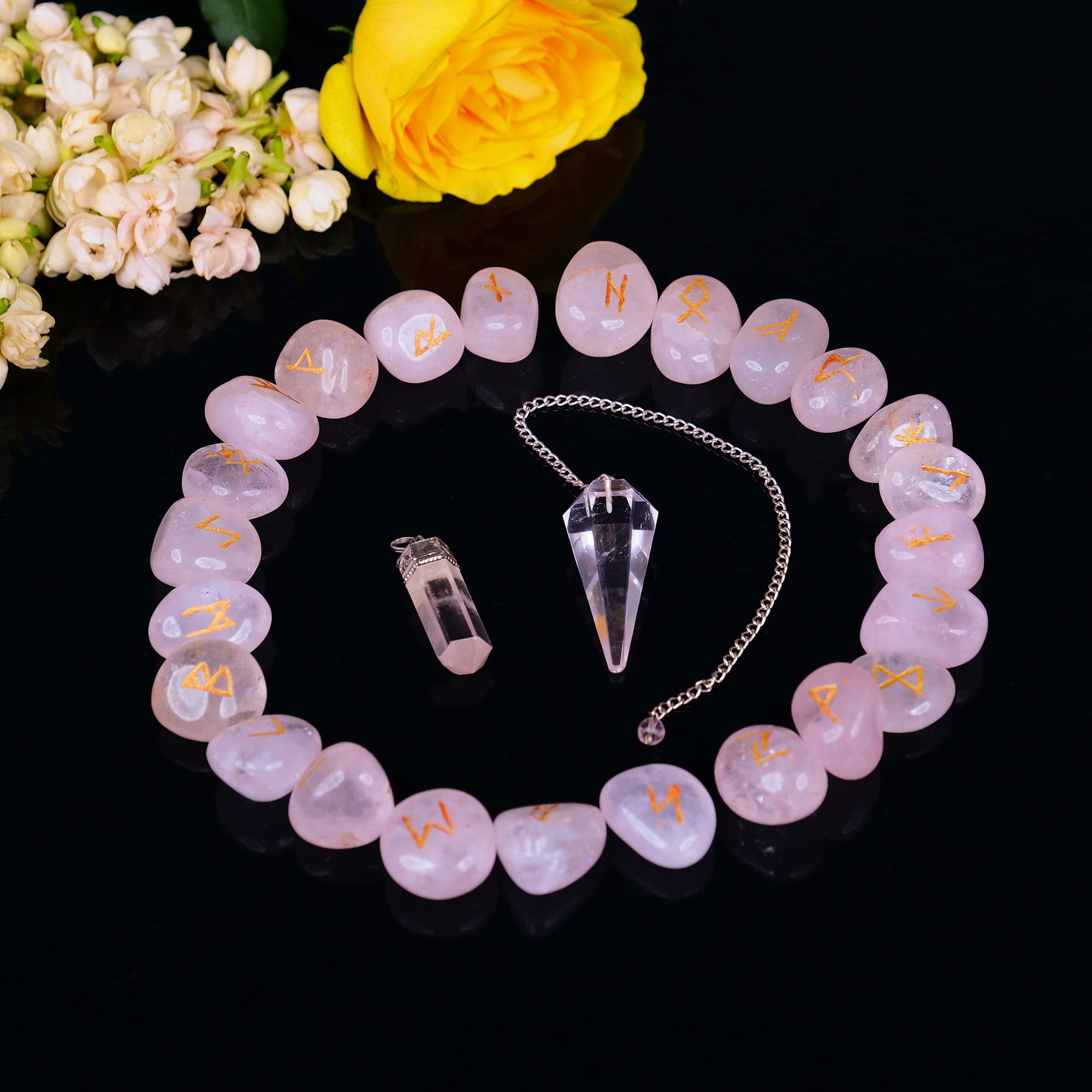 25 Pcs Rose Quartz Stone with Engraved Elder Futhark Alphabet Symbols for Witchcraft Crystals Viking Rune Chakra Balancing Aura Cleansing Rune Set Guide Pendant and Pendulum