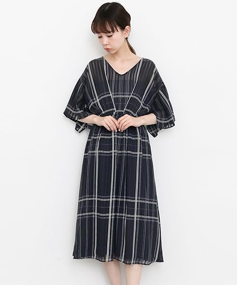 Amazon Co Jp ケービーエフ Kbf チェック柄フレアスリーブワンピース Kb85 26d030 One Navy 服 ファッション小物