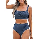 CUPSHE Women's Bikini Sets Two Piece Bathing Suit High Waisted Square Neck Adjustable Straps Ruched