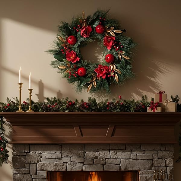 26″ CHRISTMAS WREATH FOR FRONT DOOR, RED GREEN ARTIFICIAL WREATHS WITH MAGNOLIAS & POMEGRANATES, PINE NEEDLESD AND RED BERRIES — PERFECT FOR FARMHOUSE INDOOR OUTDOOR HOME RUSTIC WINTER HOLIDAY DECOR