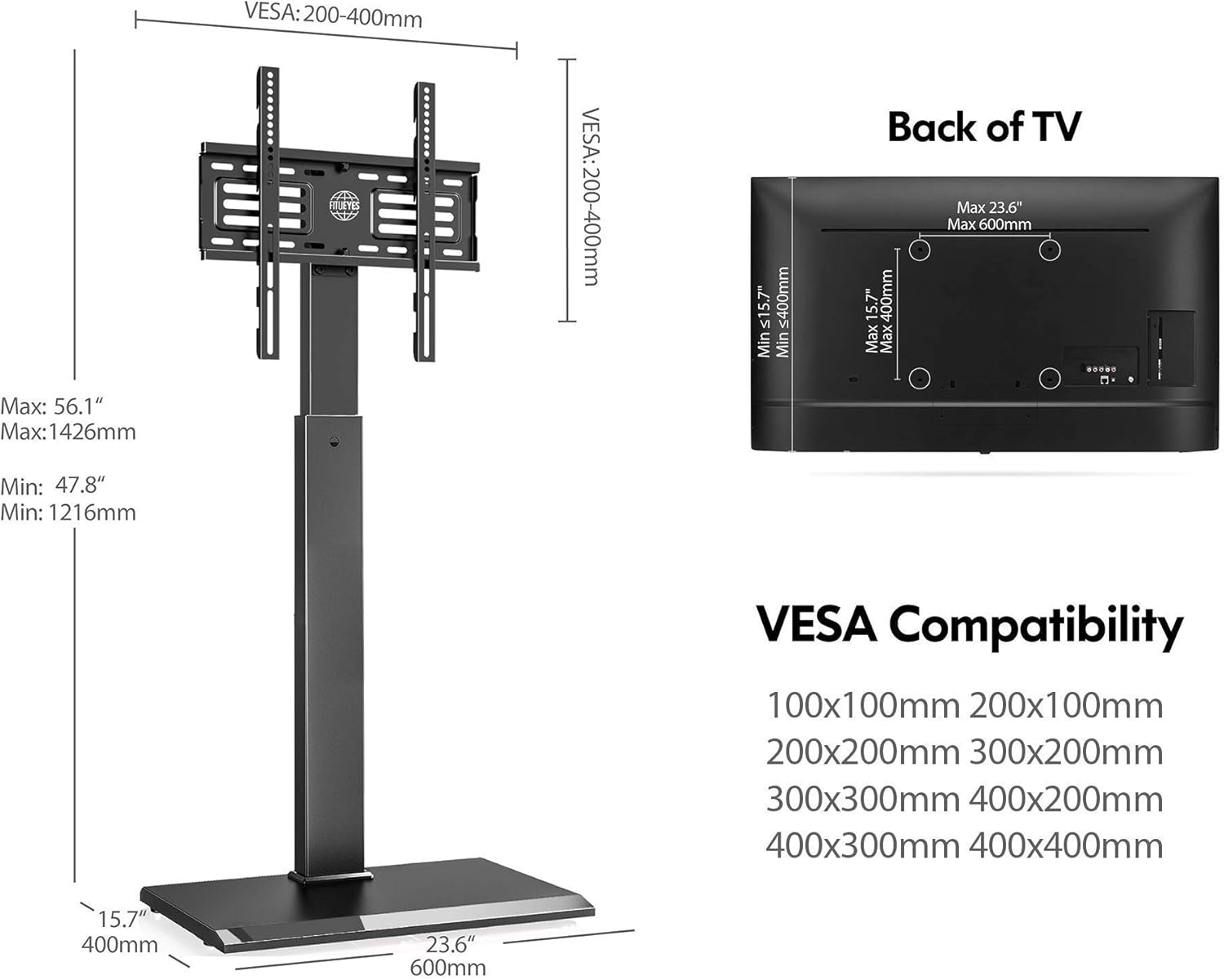 FITUEYES Iron Base Swivel Floor TV Stand with Mount Space Saving for TVs Up to 55” LCD LED OLED Plasma Flat Panel or Curved Screen Height Adjustable, FT-S1601MB: Electronics