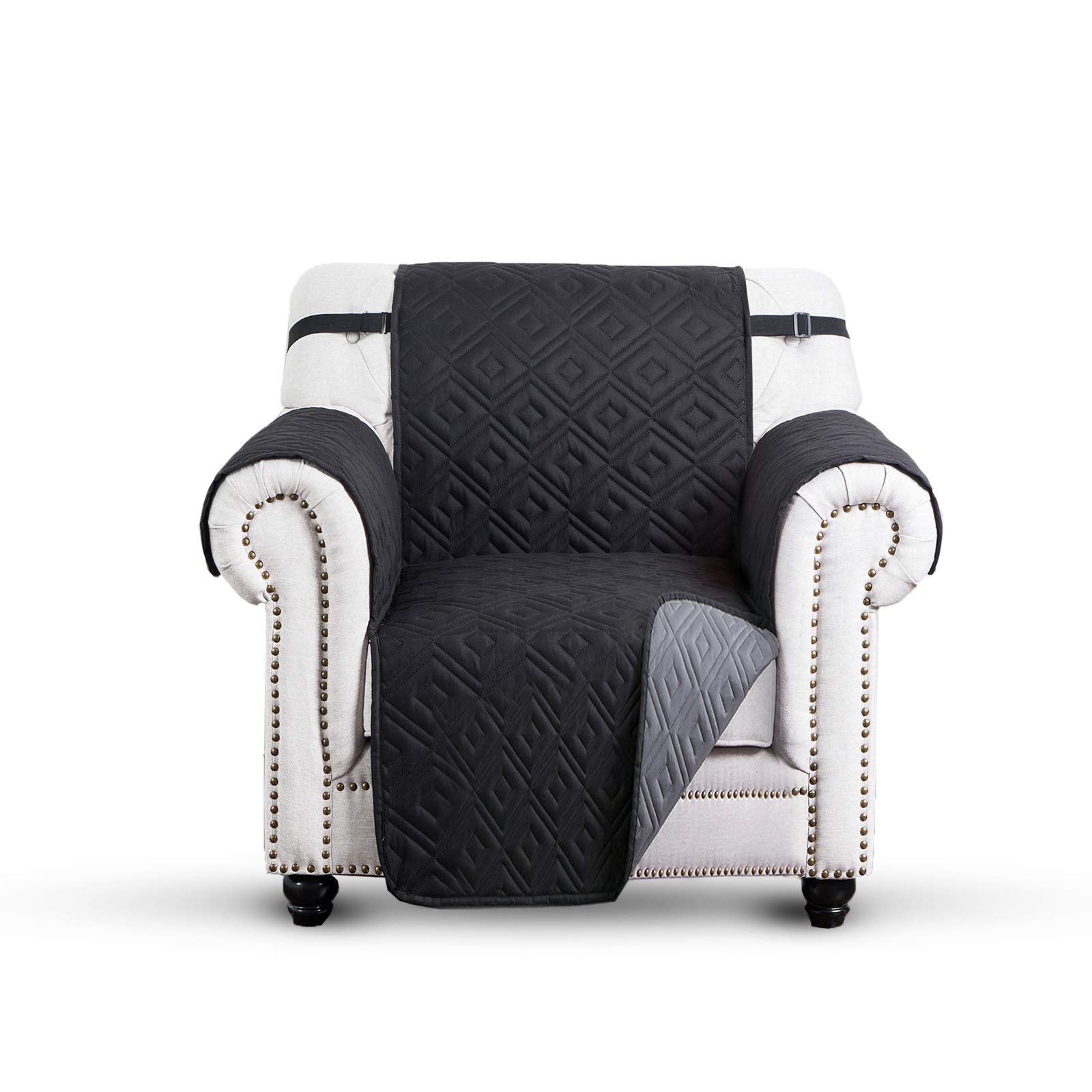 Hafaa Sofa Cover 1 Seater - Water Resistant Sofa Slipcovers Black & Grey Non Slip Sofa Covers with Adjustable Elastic Straps and Hooks Reversible Quilted Sofa Protectors from Pets/Dogs and Kids